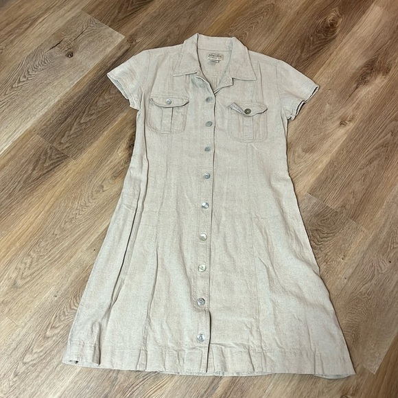 Vintage Rayon Linen Buttondown Tan Everyday Dress Top Pockets 12 - Picture 2 of 7
